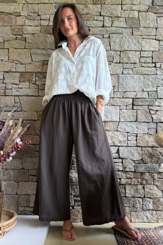 Frame Cotton Shirring Waist Wide Leg Pant Chocolate